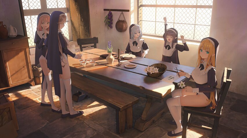 5girls, aya_(lezon), backlighting, bench, black_leotard, black_ribbon, black_shoes, blonde_hair, blue_eyes, book, breasts, brown_hair, bucket, candle, candlestand, chair, commentary, cup, elf, flagstone, flat_chest, flower, green_eyes, grey_hair, highres, indoors, large_breasts, leotard, long_hair, long_sleeves, looking_at_another, looking_at_viewer, mary_janes, medium_hair, multicolored_leotard, multiple_girls, neck_ribbon, nun, orange_hair, original, pointy_ears, pouring, ribbon, shoes, sitting, small_breasts, standing, stone_floor, table, tea, teacup, teapot, thighhighs, thighs, two-tone_leotard, very_long_hair, whispering_in_ear, white_leotard, window, wooden_bench, wooden_chair, wooden_table, yellow_eyes