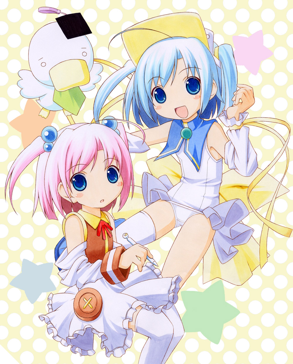 00s, 2girls, :o, ah-kun, ahoge, blue_eyes, blue_hair, blush_stickers