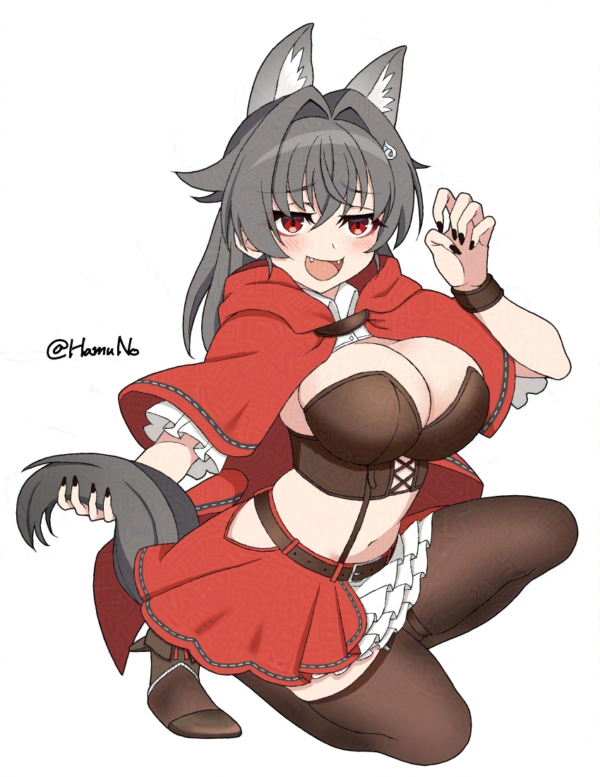 1girl, animal_ears, black_nails, black_pantyhose, boots, breasts, brown_boots, brown_bustier