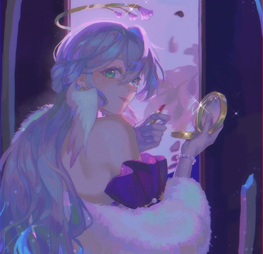 1girl, bare_shoulders, blue_hair, bracelet, closed_mouth, coat, commentary, cosmetics