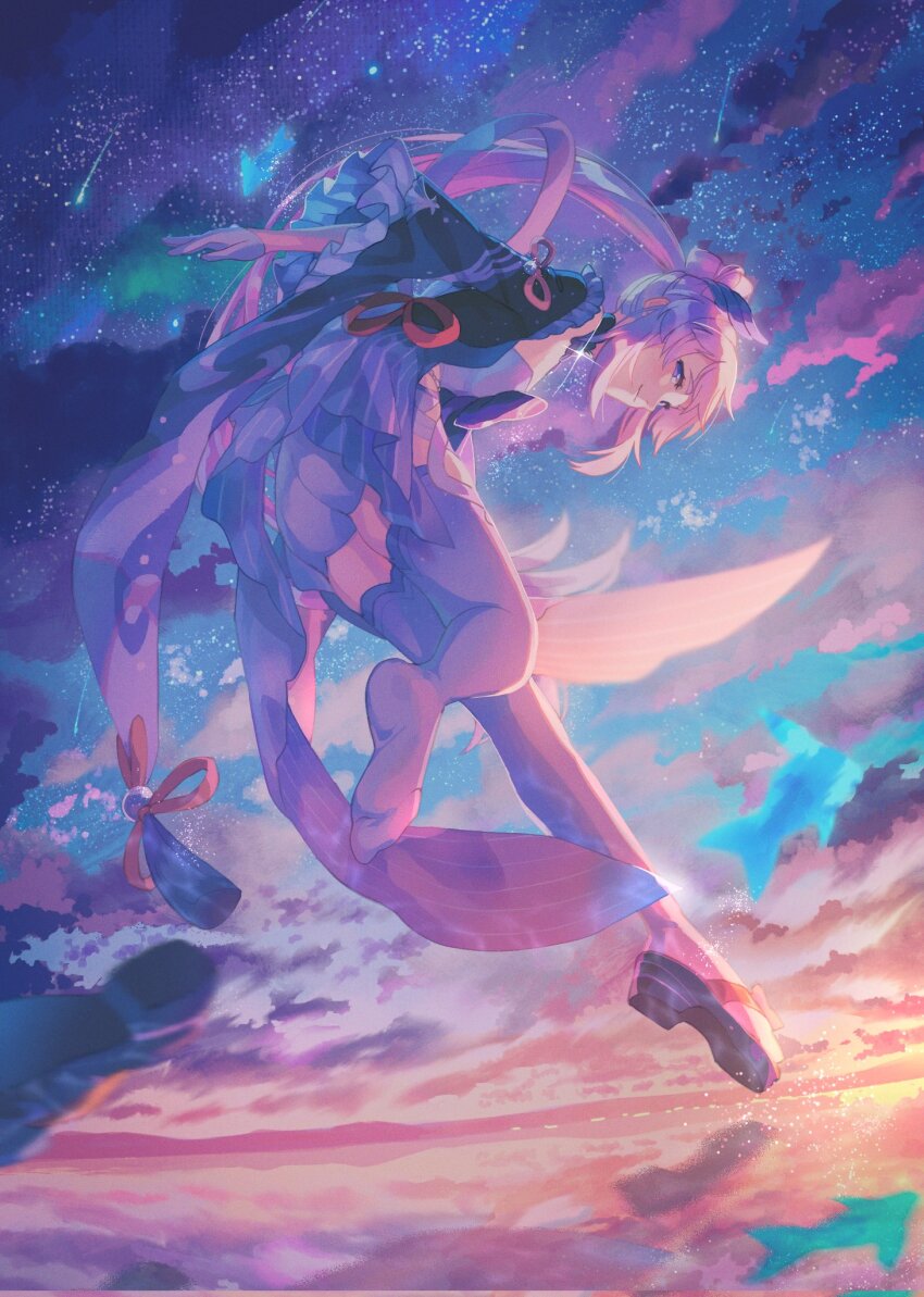 1girl, beads, black_choker, black_dress, black_sandals, blue_gem, blue_sky, bow-shaped_hair