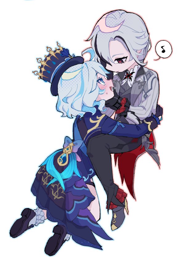 2girls, ahoge, arlecchino_(genshin_impact), back_bow, black_eyes, black_gloves, black_hair, black_pants