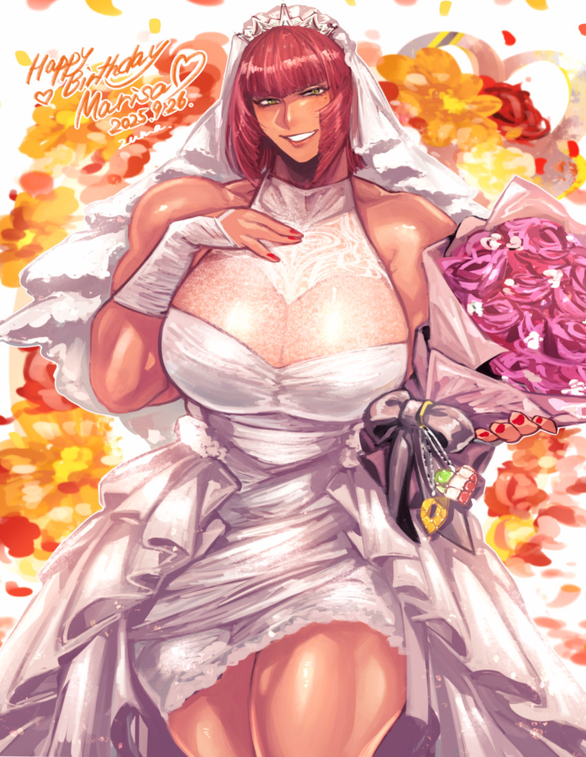 1girl, 2025, bouquet, breasts, bride, commentary, dated, dress