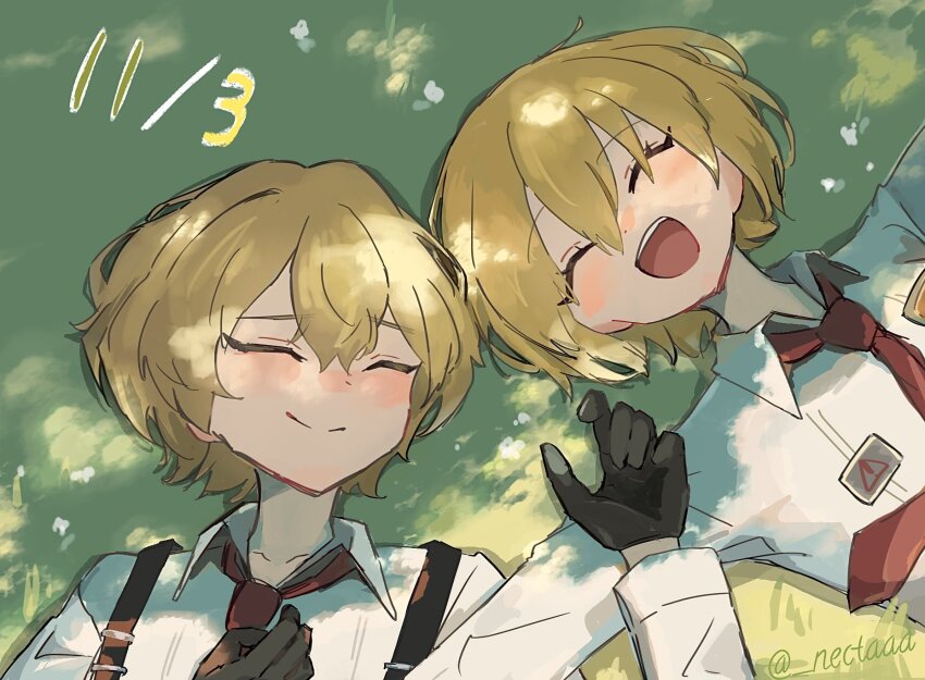 1boy, 1girl, ^_^, black_gloves, blonde_hair, blush, closed_eyes, closed_mouth