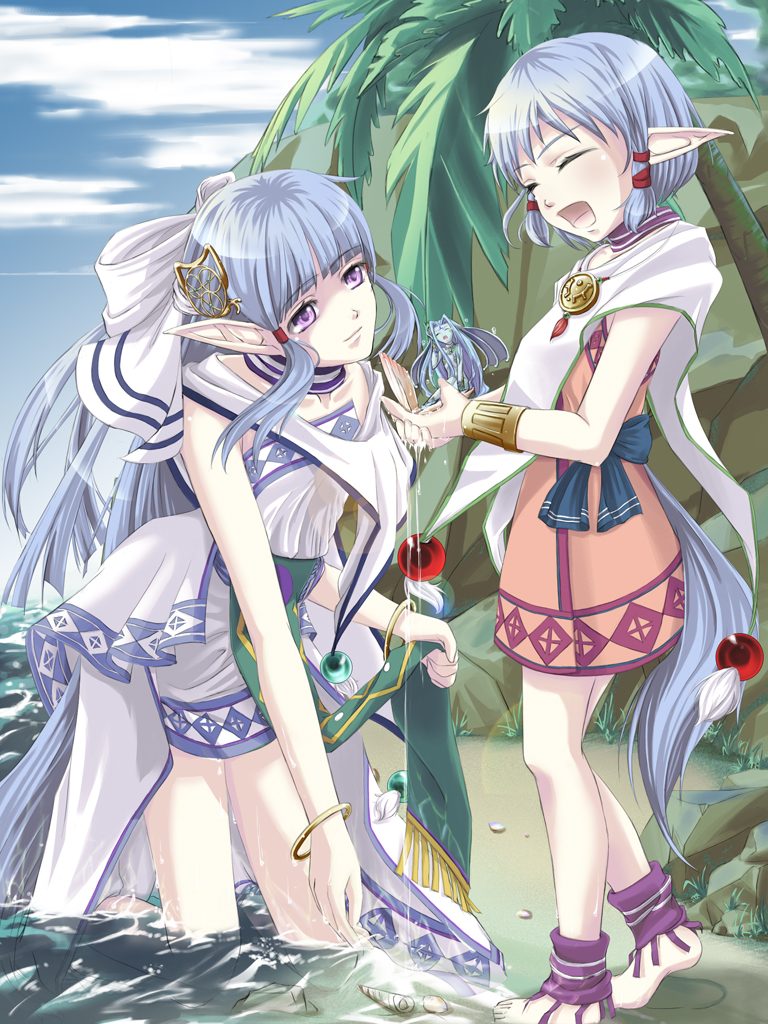 2girls, :d, ^_^, ankle_cuffs, bad_id, bad_pixiv_id, barefoot, blue_hair