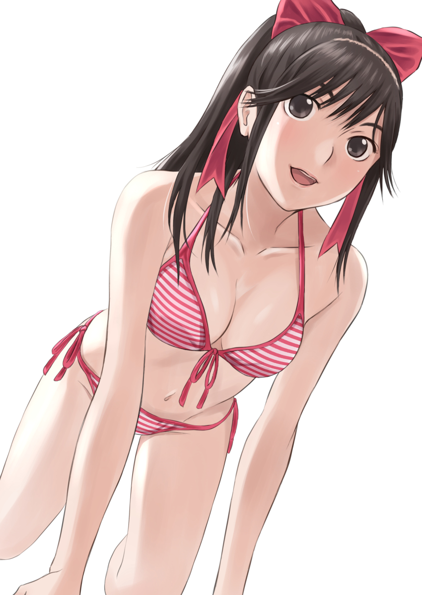 1girl, absurdres, bikini, black_eyes, black_hair, breasts, cleavage, front-tie_bikini_top
