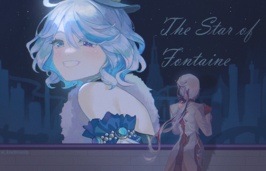 1girl, ahoge, alternate_costume, arlecchino_(genshin_impact), arm_cuffs, artist_name, bare_back, bare_shoulders