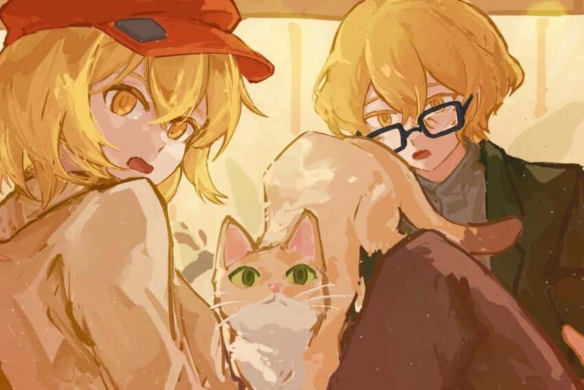 1boy, 1girl, blonde_hair, cat, couple, don_quixote_(project_moon), formal_clothes, glasses