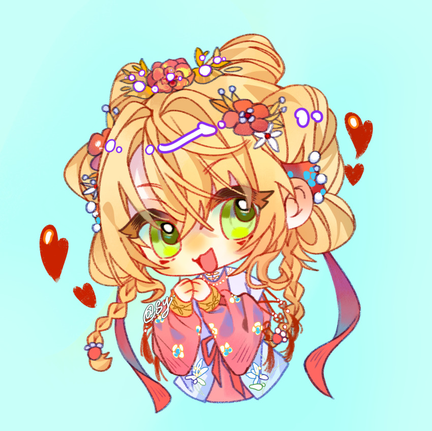 1girl, :d, aqua_background, blonde_hair, braid, chibi, chinese_clothes, cropped_torso