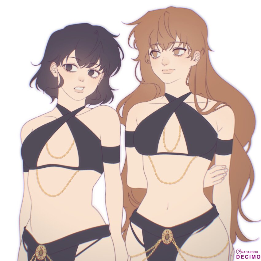 2girls, arm_behind_back, black_eyes, black_hair, blunt_bangs, bob_cut, brown_eyes, brown_hair