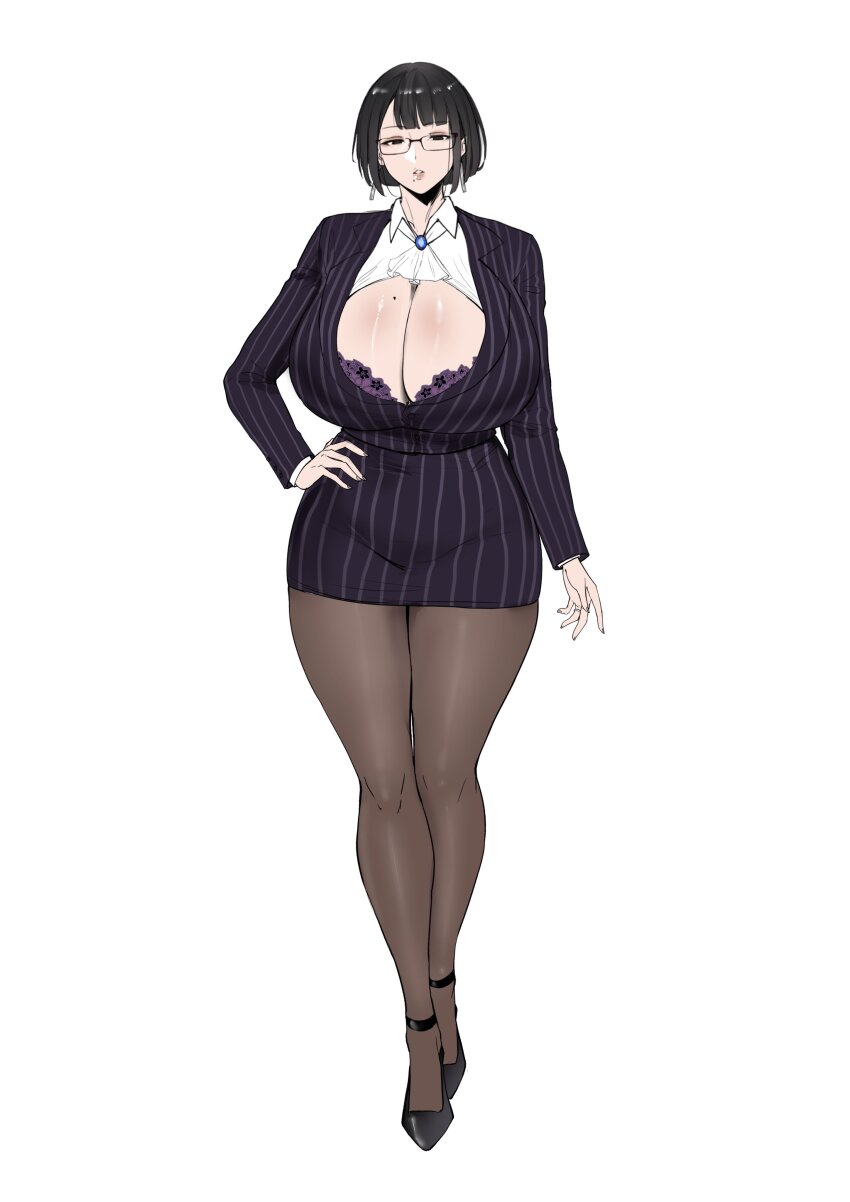 1girl, absurdres, black-framed_eyewear, black_hair, bra, bra_peek, breasts, cleavage