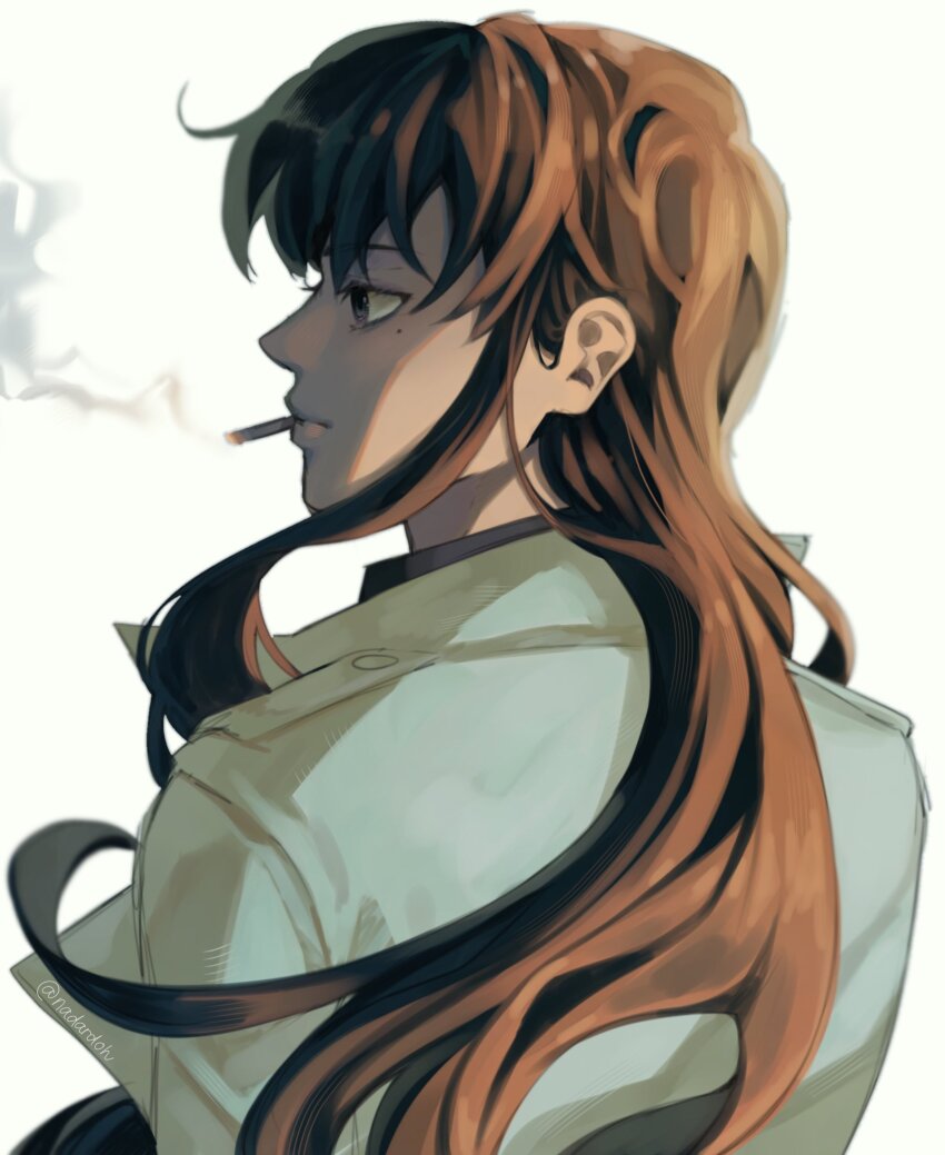 1girl, black_eyes, black_shirt, brown_hair, character_request, check_character, cigarette, coat