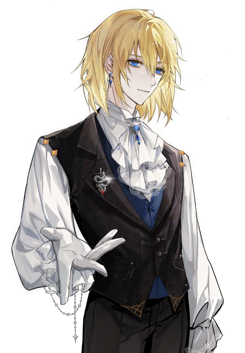 1boy, absurdres, ascot, bishounen, black_pants, black_vest, blonde_hair, blue_eyes