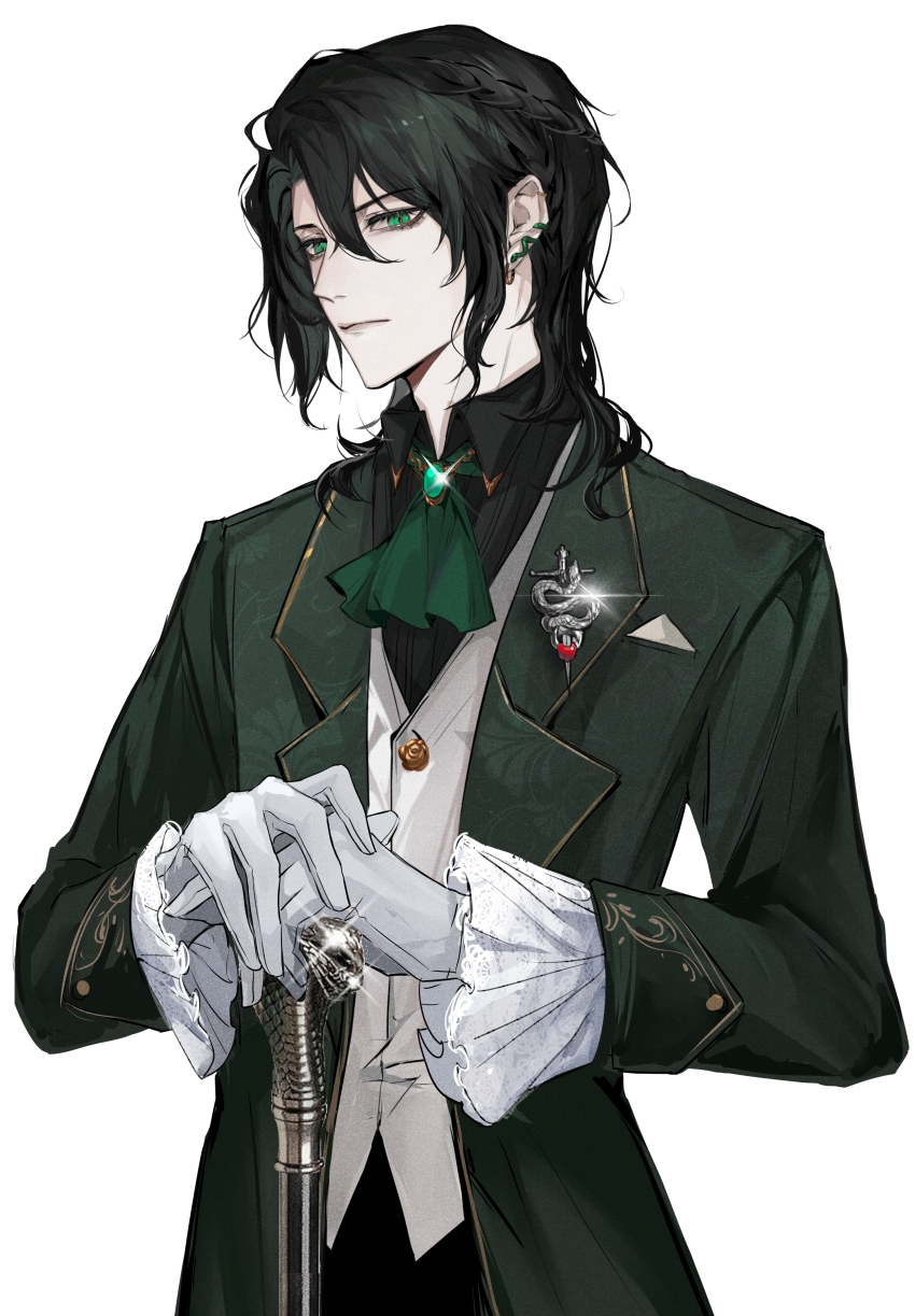 1boy, absurdres, ascot, black_hair, black_pants, black_shirt, brooch, call_of_cthulhu