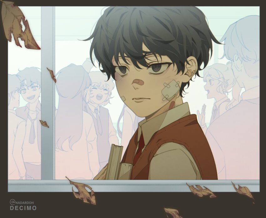 6+others, bags_under_eyes, bandage_on_face, bandages, bandaid, bandaid_on_face, bandaid_on_nose, black_eyes