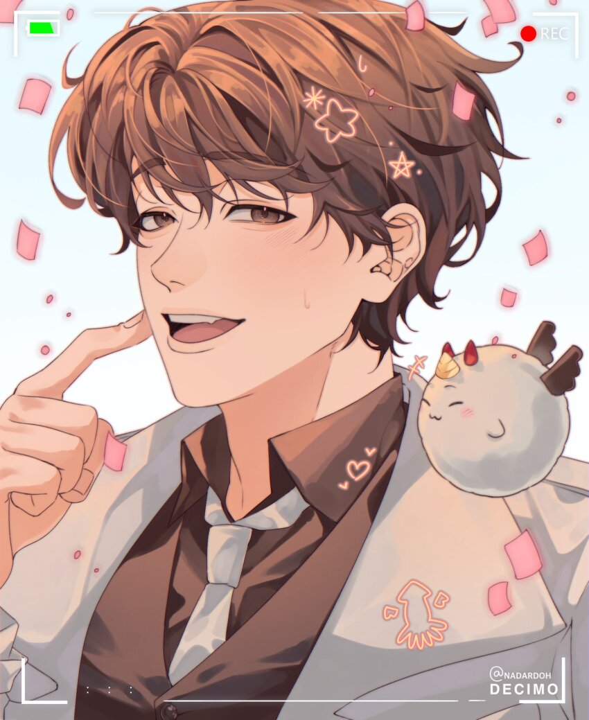 1boy, :d, battery_indicator, biyoo_(omniscient_reader's_viewpoint), black_eyes, black_hair, black_shirt, black_vest