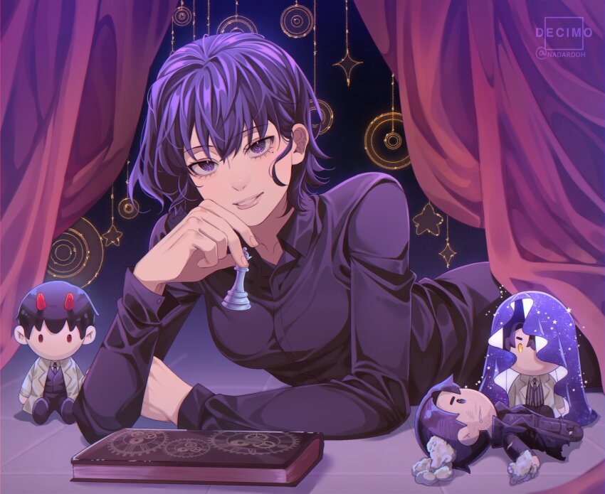 1girl, black_hair, black_shirt, book, breasts, broken_doll, character_doll, chess_piece