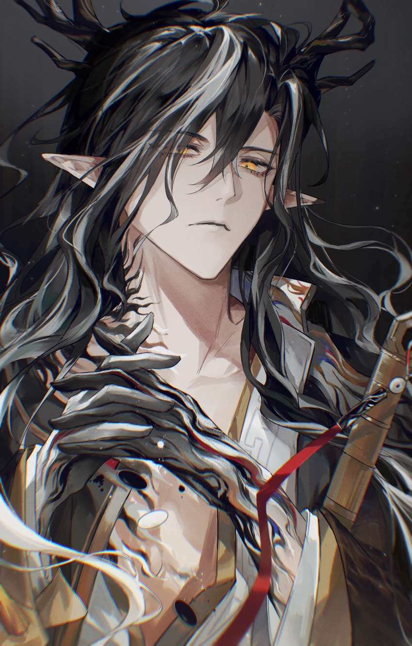 1boy, absurdres, arknights, bishounen, black_background, black_hair, black_jacket, chest_tattoo