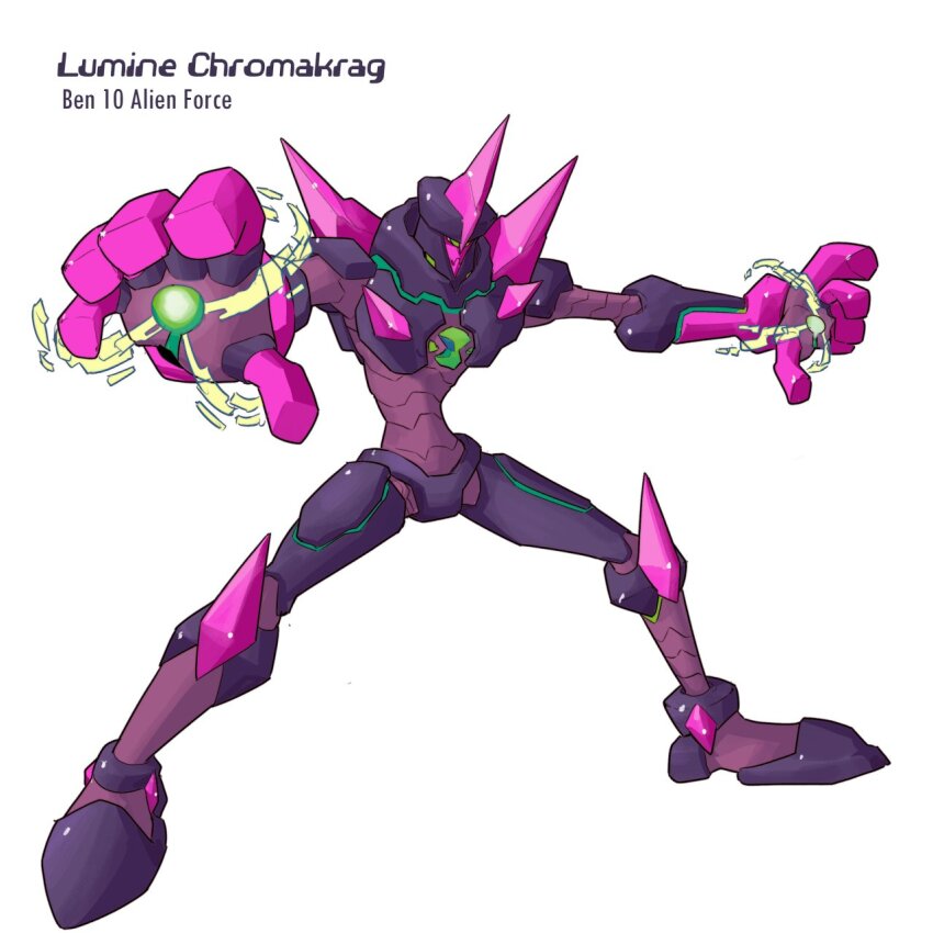 armor, ben_10, ben_10:_alien_force, character_name, chest_jewel, chromastone, copyright_name, full_body, gem, green_eyes, highres, horns, karakatodzo, knee_spikes, mechanization, mega_man_(series), mega_man_zero_(series), multicolored_armor, nakayama_tooru_(style), one-eyed, outstretched_arms, parody, pink_gem, powering_up, purple_armor, robot, shoulder_spikes, single_horn, spikes, standing, style_parody