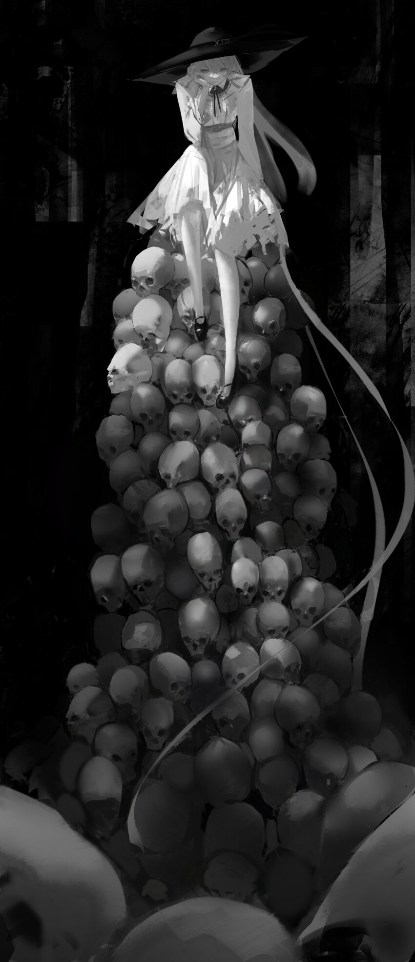 1girl, absurdres, beatrice_frega, black_hat, black_shoes, bone, center_frills, closed_mouth, dress, frills, greyscale, hand_on_own_cheek, hand_on_own_face, hat, highres, long_hair, long_sleeves, looking_at_viewer, matoimposter, monochrome, pile_of_skulls, shoes, short_dress, sitting, skull, solo, tyrion_cuthbert:_attorney_of_the_arcane, white_dress