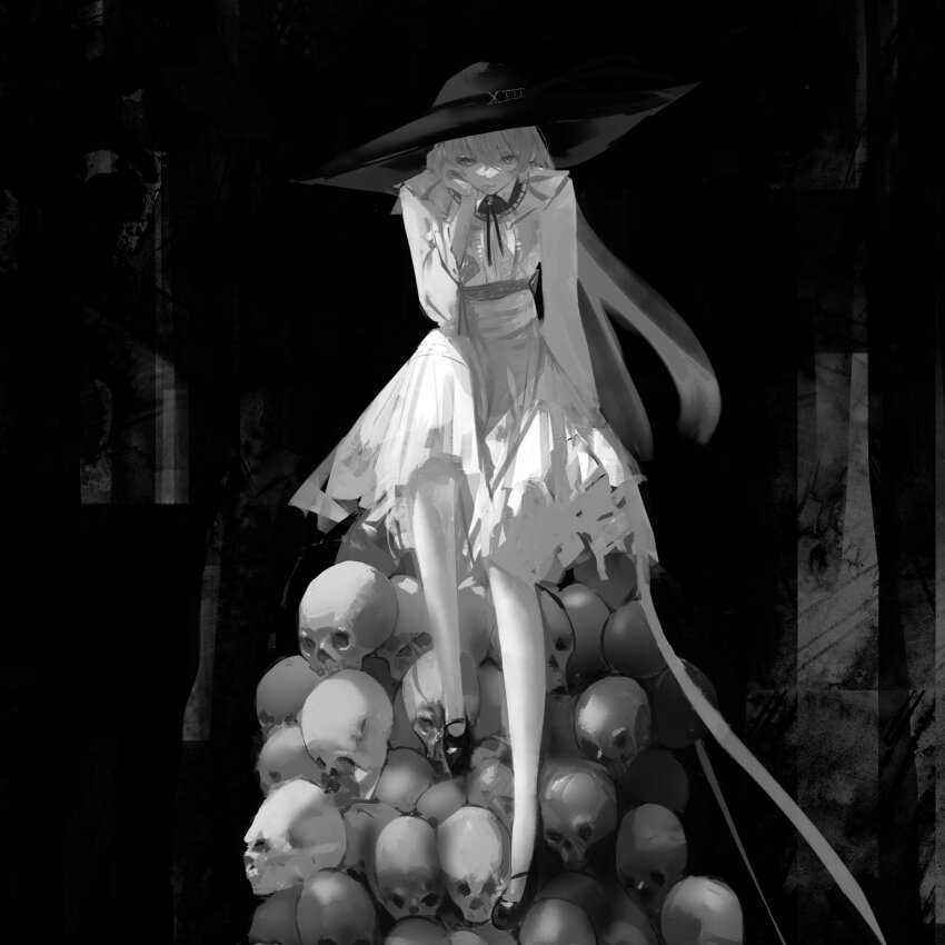1girl, absurdres, beatrice_frega, black_hat, black_shoes, bone, center_frills, closed_mouth, dress, frills, greyscale, hand_on_own_cheek, hand_on_own_face, hat, highres, long_hair, long_sleeves, looking_at_viewer, matoimposter, monochrome, pile_of_skulls, shoes, short_dress, sitting, skull, solo, tyrion_cuthbert:_attorney_of_the_arcane, white_dress