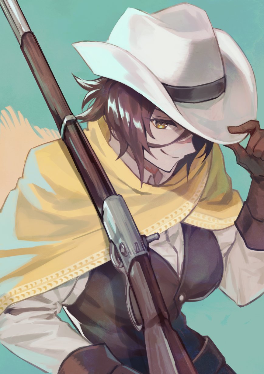 1girl, breasts, brown_gloves, brown_hair, brown_vest, collared_shirt, commentary_request, cowboy_hat