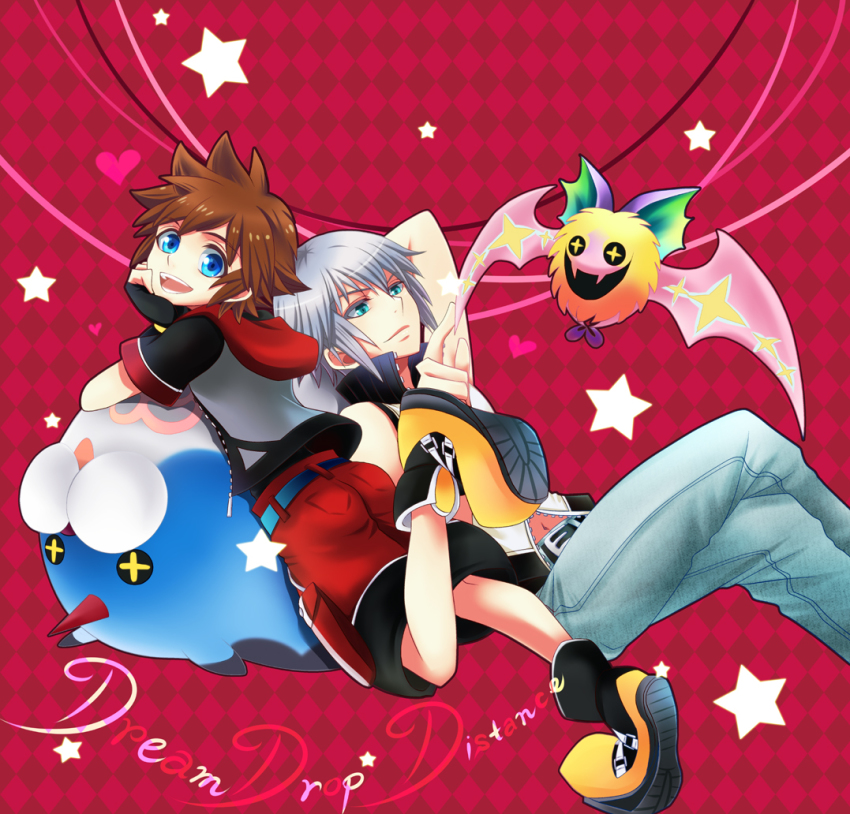 2boys, bad_id, bad_pixiv_id, blue_eyes, brown_hair, cu_be, dream_eater_(kingdom_hearts), fingerless_gloves