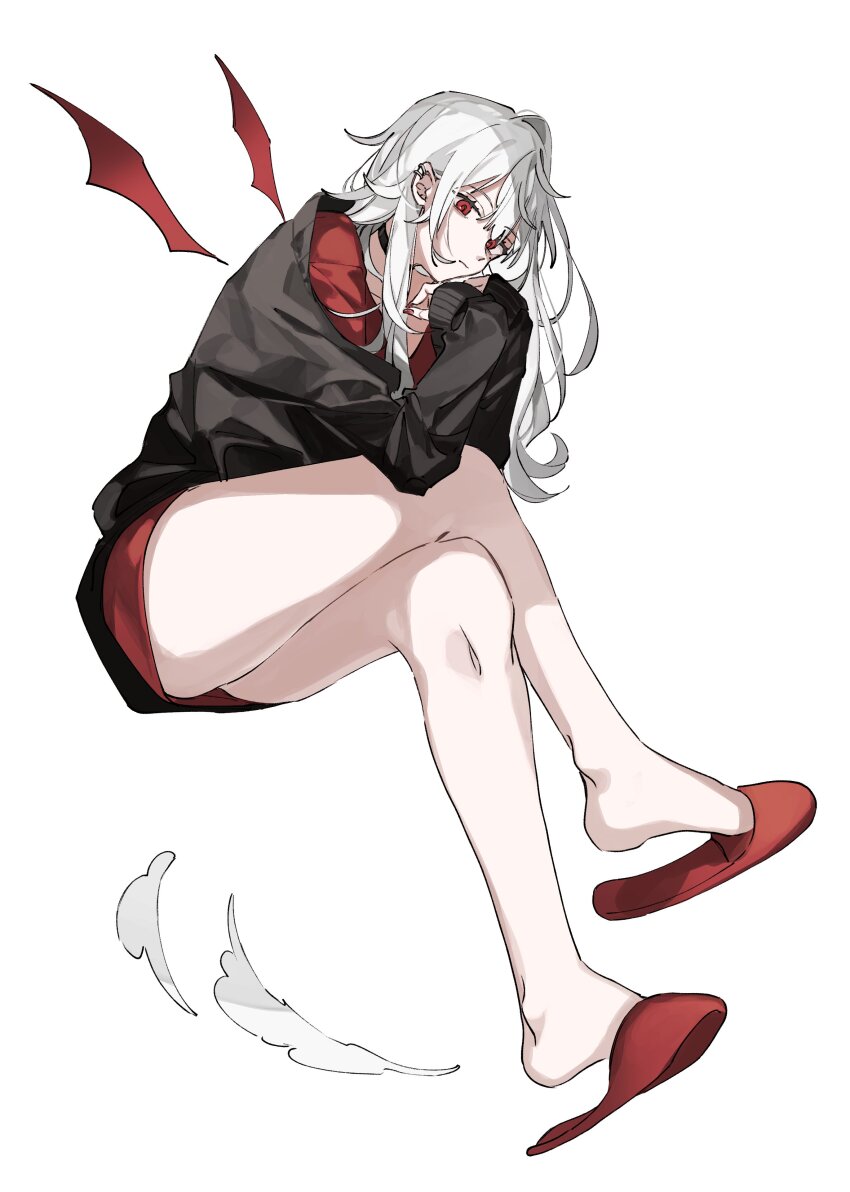 1girl, absurdres, black_choker, black_jacket, choker, closed_mouth, cococall, demon_wings, detached_wings, ear_piercing, fingernails, floating, full_body, genderswap, genderswap_(mtf), hair_between_eyes, highres, jacket, kuzuha_(nijisanji), long_fingernails, long_hair, long_sleeves, looking_at_viewer, mole, mole_under_eye, nail_polish, nijisanji, off_shoulder, partially_unzipped, piercing, pointy_ears, red_eyes, red_nails, red_shirt, red_slippers, red_wings, sanya_(2nd_costume)_(nijisanji), sanya_(nijisanji), shirt, sidelocks, simple_background, sleeves_past_wrists, slippers, solo, track_jacket, virtual_youtuber, wavy_hair, white_background, white_hair, wings