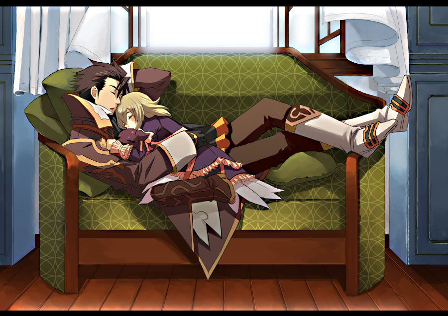 1boy, 1girl, alvin_(tales), blush, boots, brown_hair, coat, couch, curtains, dress, elize_lutus, closed_eyes, full_body, gloves, knee_boots, crossed_legs, pants, pillow, sitting, sleeping, tales_of_(series), tales_of_xillia, teepo_(tales), tktg, window