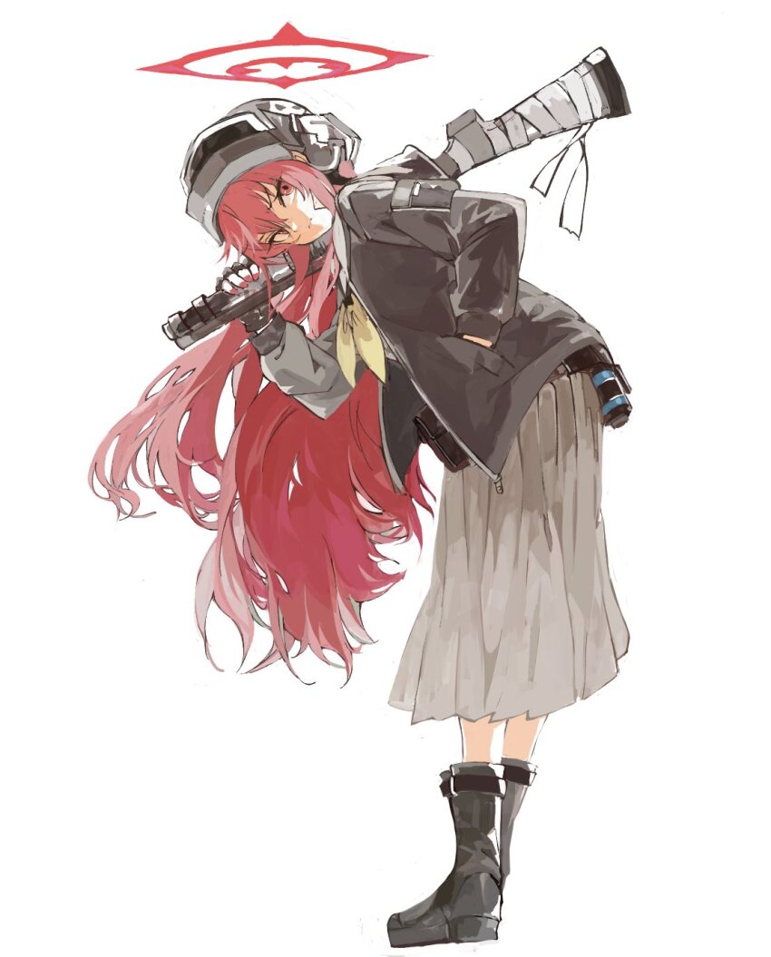 1girl, altyn_helmet, black_boots, black_helmet, black_jacket, blue_archive, boots, combat_helmet