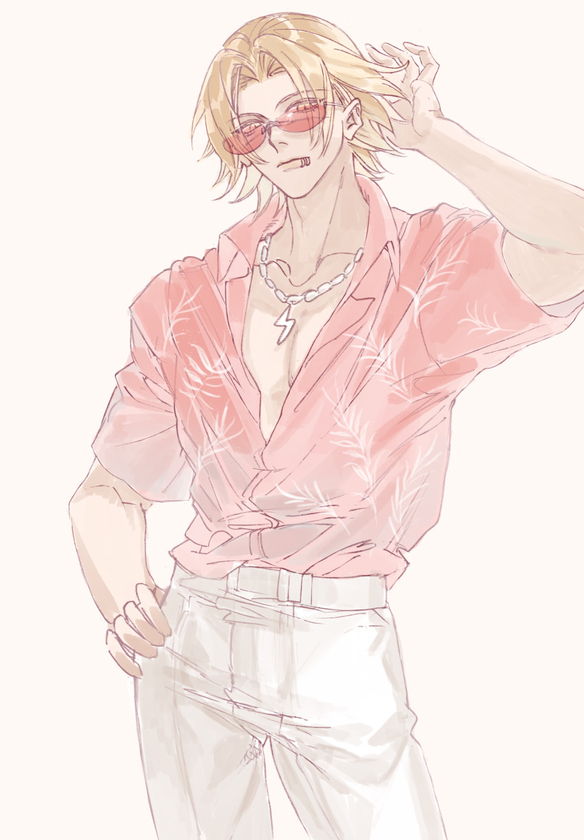 1boy, adjusting_hair, belt, blonde_hair, chinese_commentary, collarbone, collared_shirt, commentary