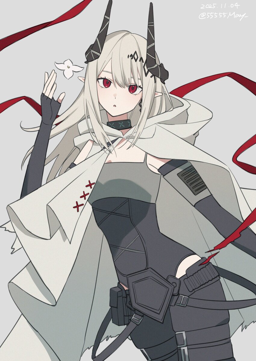 1girl, 55555may, absurdres, arknights, arm_up, black_gloves, black_horns, cloak