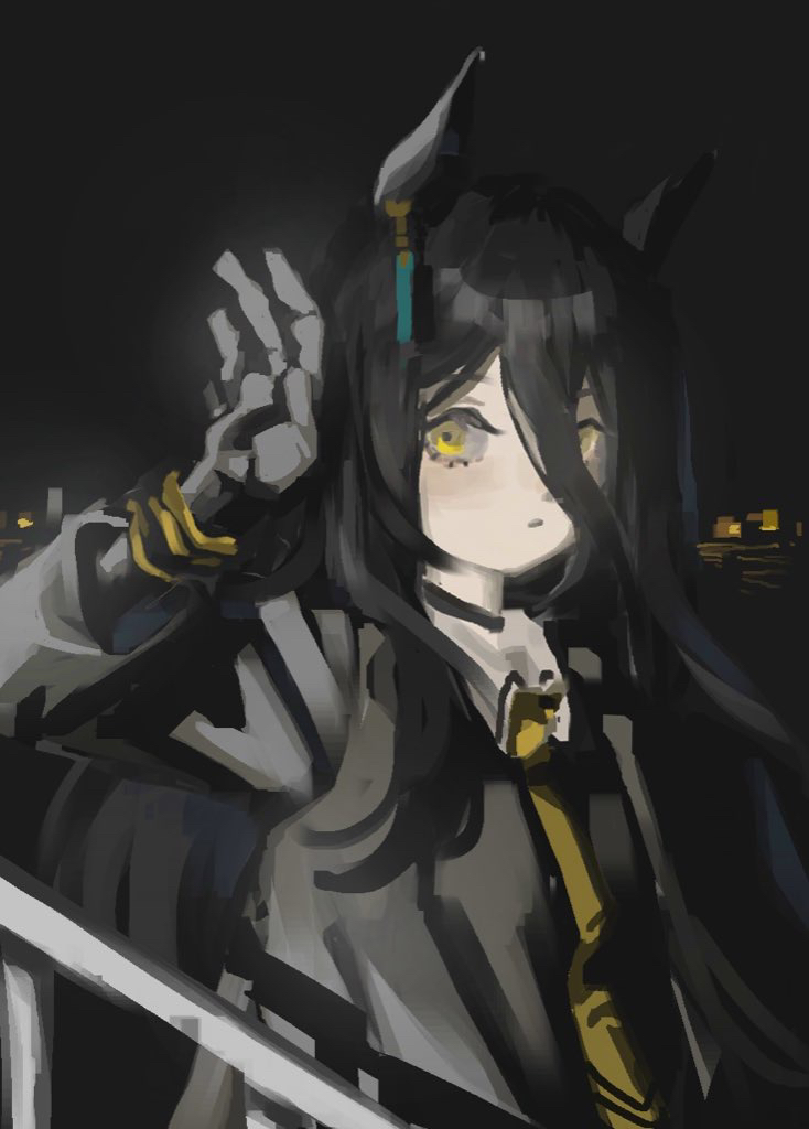 1girl, arm_up, black_choker, black_coat, black_gloves, black_shirt, choker, coat