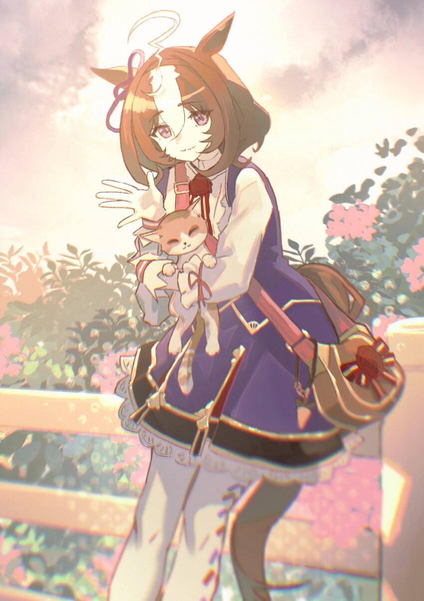 1girl, absurdres, animal, animal_ears, brown_hair, cat, closed_mouth, dress