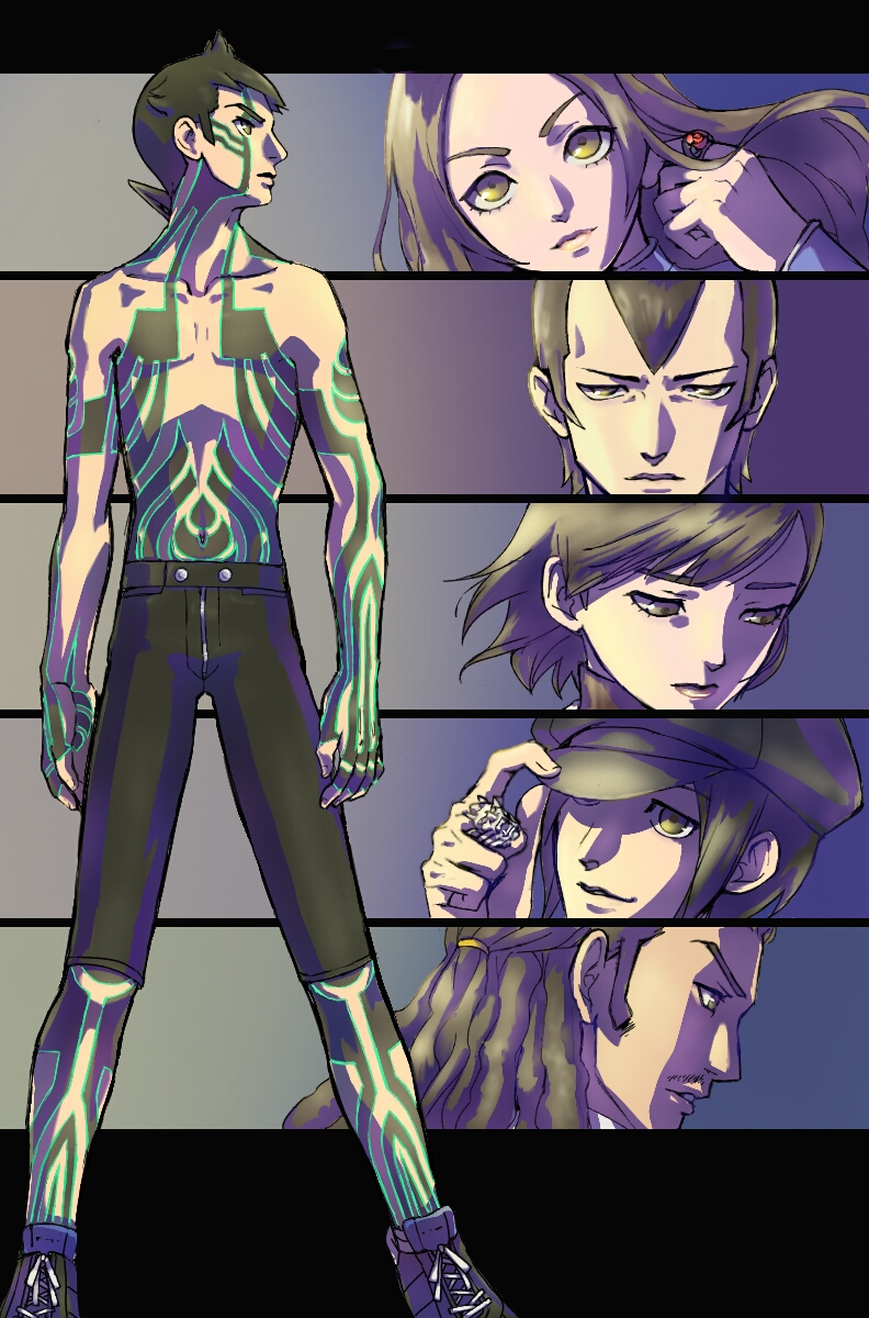 2girls, 4boys, black_border, black_hair, black_hat, black_shorts, border, brown_hair