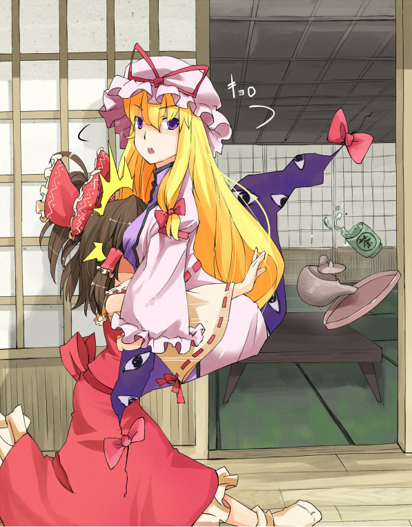 2girls, between_breasts, blonde_hair, bow, breast_smother, breasts, brown_hair, collision