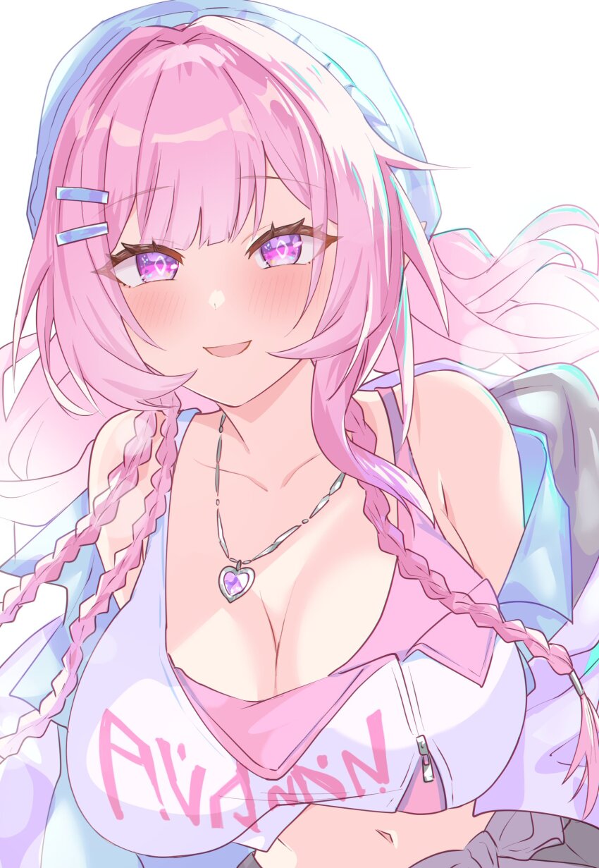 1girl, absurdres, blue_hat, blue_jacket, breasts, cleavage, clothes_writing, commentary_request