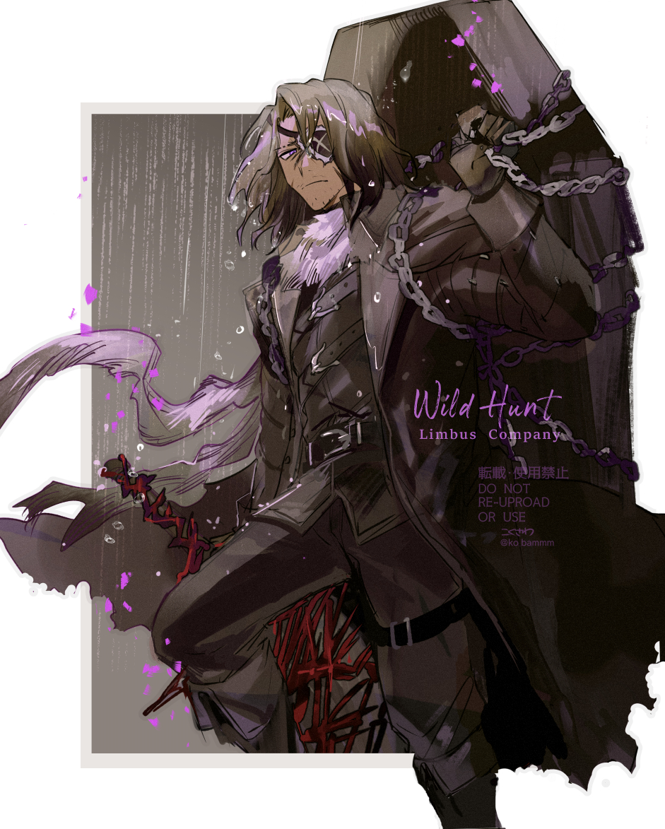 1boy, artist_name, ascot, beard_stubble, belt, belt_buckle, black_belt, black_pants