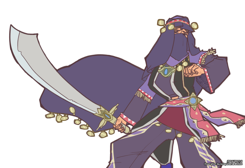 1girl, arabian_clothes, bolapiistarize, breasts, desert_assassin_(grimms_notes), grimms_notes, highres, holding, holding_sword, holding_weapon, large_breasts, mouth_veil, purple_eyes, purple_veil, simple_background, solo, source_request, sword, veil, weapon, white_background