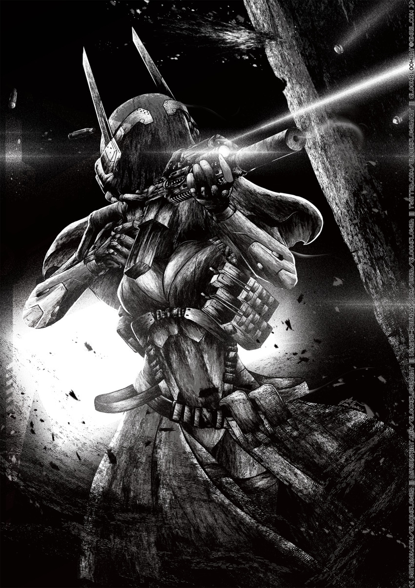 1girl, aiming, ammunition_pouch, assault_rifle, belt, breasts, bullet_hole, casing_ejection