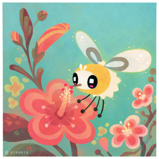 border, commentary, cutiefly, flower, full_body, gen_7_pokemon, insect_wings, nintendo