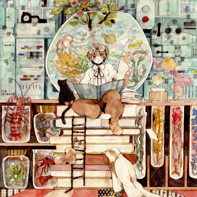 1boy, aquarium, ascot, bird, book, bottle, brown_eyes, brown_hair