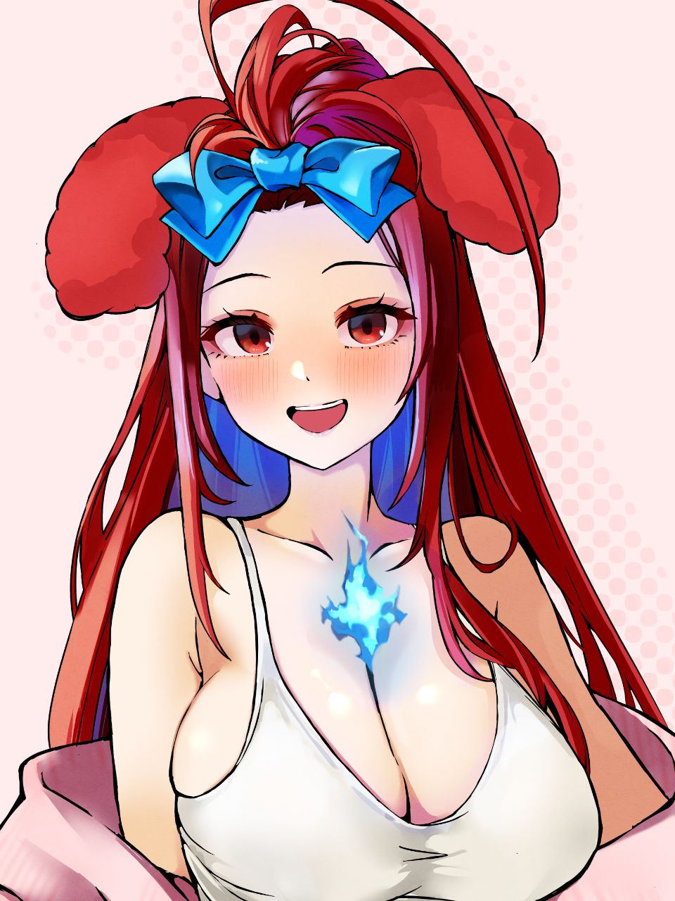 1girl, ahoge, alternate_costume, animal_ears, bare_shoulders, blue_bow, blue_fire, blue_hair, blush, bobby_(elizabeth_rose_bloodflame), bow, breasts, cleavage, collarbone, colored_inner_hair, dog_ears, elizabeth_rose_bloodflame, fire, hair_bow, highres, hololive, hololive_english, huge_ahoge, large_breasts, long_hair, looking_at_viewer, midoridama, multicolored_hair, open_mouth, red_eyes, red_hair, smile, tank_top, two-tone_hair, very_long_hair, virtual_youtuber, white_tank_top