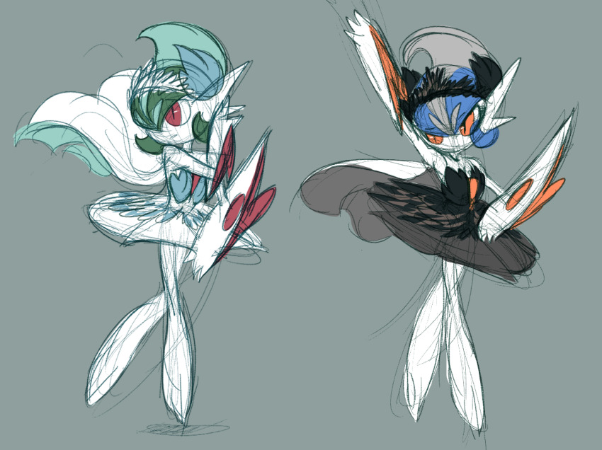 2girls, alternate_design, alternate_hairstyle, alternate_universe, arm_blade, arm_up, ballet, black_dress