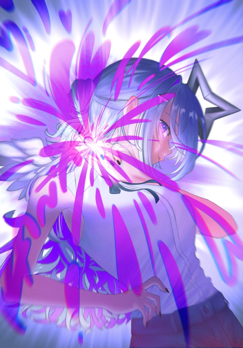 1girl, alternate_costume, alternate_hairstyle, amane_kanata, black_nails, black_ribbon, blue_hair, chainsaw_man, cosplay, grenade_pin, guuuuuu41, hair_bun, halo, highres, hololive, neck_ribbon, purple_eyes, reze_(chainsaw_man), reze_(chainsaw_man)_(cosplay), ribbon, shirt, shirt_tucked_in, sleeveless, sleeveless_shirt, solo, star_halo, virtual_youtuber, white_shirt