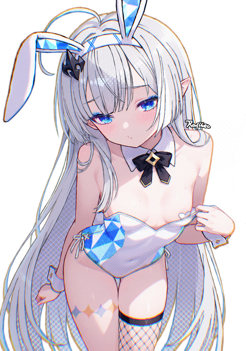 1girl, ahoge, animal_ears, bare_shoulders, black_bow, black_bowtie, blue_eyes, blush, bow, bowtie, breasts, chromatic_aberration, cleavage, covered_navel, cross, cross_pasties, fake_animal_ears, female_tyrant_(stella_sora), fishnet_thighhighs, fishnets, grey_hair, hair_ornament, hairband, highres, leotard, long_hair, looking_at_viewer, pasties, playboy_bunny, pointy_ears, rabbit_ears, rafi_(rafitea), side-tie_leotard, simple_background, single_thighhigh, solo, stella_sora, strapless, strapless_leotard, thigh_gap, thighhighs, tyrant_(stella_sora), very_long_hair, white_background, wrist_cuffs