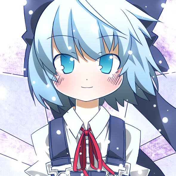 1girl, alternate_costume, aqua_eyes, aqua_hair, ascot, blush, bow, cirno