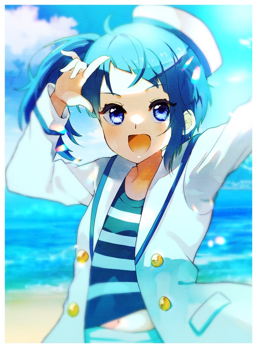 1girl, airi_(curereika), alternate_costume, beach, black_shirt, blue_hair, blue_shirt, blue_sky