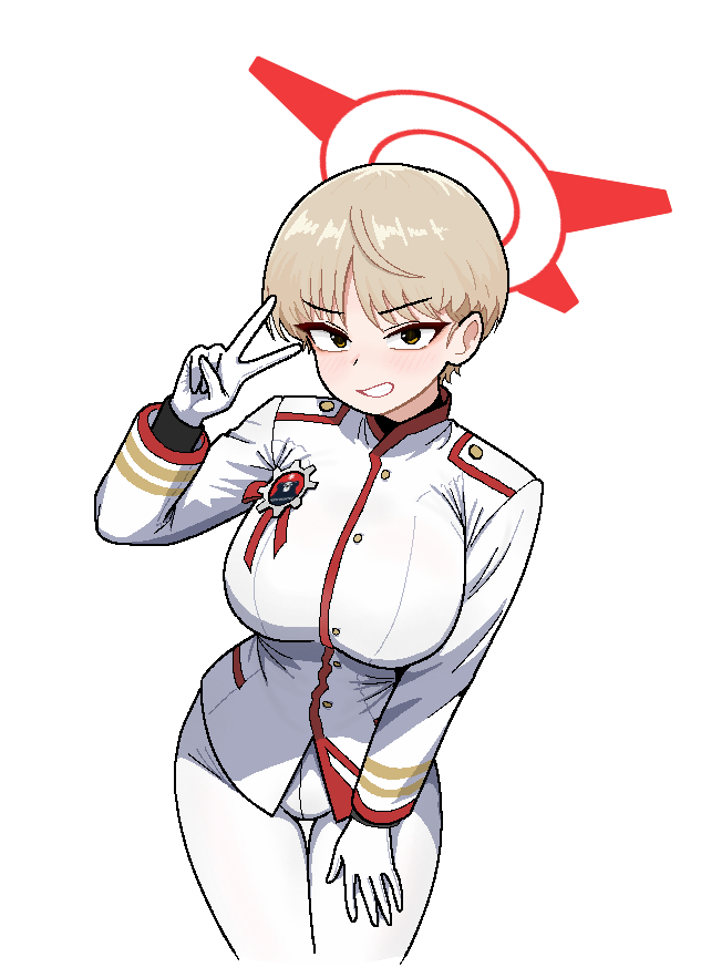 1girl, bent_over, blonde_hair, blue_archive, blush, breasts, buttons, cocktiel77