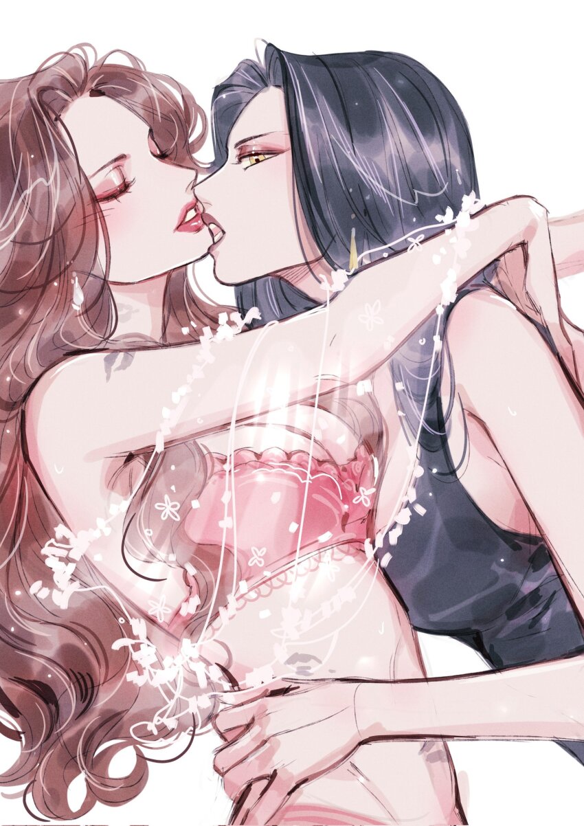 2girls, anssel3, arms_around_neck, black_hair, black_tank_top, bra, brown_hair, closed_eyes, commentary, corrupted_twitter_file, genderswap, genderswap_(mtf), hand_on_another's_waist, he_xuan, highres, long_hair, multiple_girls, open_mouth, panties, parted_lips, pink_bra, pink_lips, pink_panties, shi_qingxuan, simple_background, tank_top, tianguan_cifu, underwear, white_background, yellow_eyes, yuri